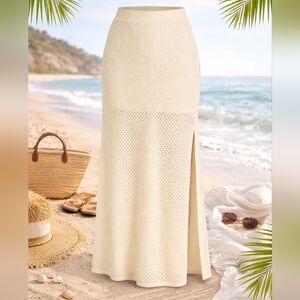 NWT XL Cream Cotton Blend Crochet Maxi Skirt Pointelle Knit Side Slit Lined